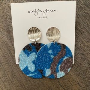 Blue Camo + Silver Rounds Leather Earrings